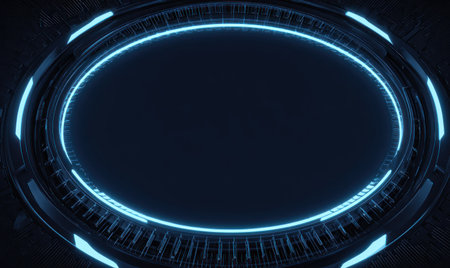 Dark, futuristic ring with a glowing blue oval center, metallic designの素材