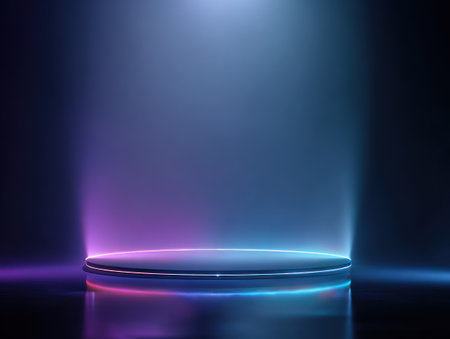 A minimalist, illuminated stage, bathed in vibrant blue and purple light against a dark backdropの素材