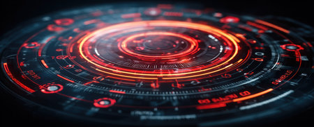 Futuristic digital interface with glowing red circles and data points on a dark, blurred backgroundの素材