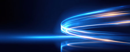 Dynamic, abstract composition featuring illuminated blue and gold streaks against a dark backgroundの素材