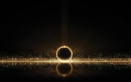 Abstract golden ring glows, reflected below, with light trails against a black backdropの素材