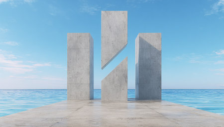 Modern concrete structures on a pier against a tranquil ocean and bright blue skyの素材