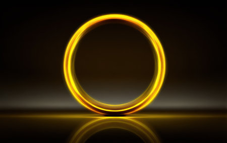 A luminous golden ring levitates above a reflective surface, set against a dark gradient backdropの素材