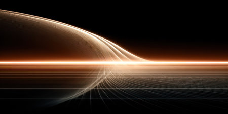 Abstract image of flowing, illuminated lines on black background, with horizontal lightの素材