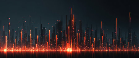 A futuristic cityscape, with glowing orange vertical lines, stands out against a dark backgroundの素材