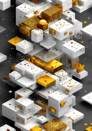 Abstract digital art with stacked 3D cubes in white, gold, and grey colorsの素材