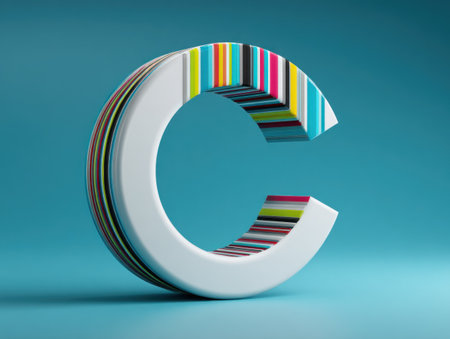 A 3D rendered letter &quot;C&quot; with multi-colored striped interior, on a teal backgroundの素材