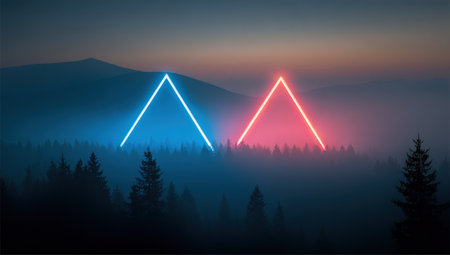 Illuminated blue and red triangles floating over a misty forest with mountainsの素材