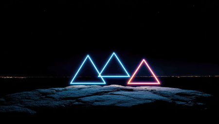 Three glowing neon triangles illuminate a rocky foreground against a dark night skyの素材