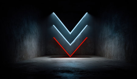 A minimalist room with a neon blue &amp; red arrow-like glow on textured wallsの素材