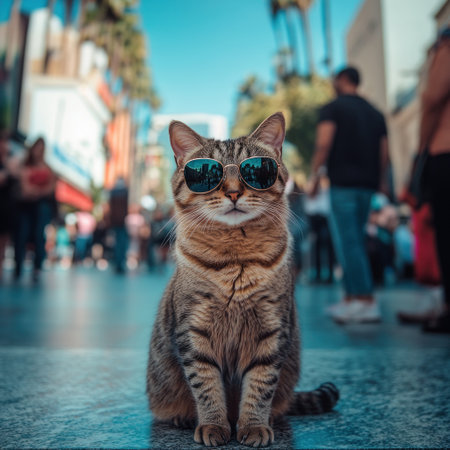 A photo of an adorable cat wearing sunglasses, sitting on the Hollywood Walk of Fame with people in the background, looking directly at the camera, a macro shot, in the style of Canon EOS. --v 6.1 Job ID: 358cd36b-d2da-4e17-a2d6-07cd58698f12の素材