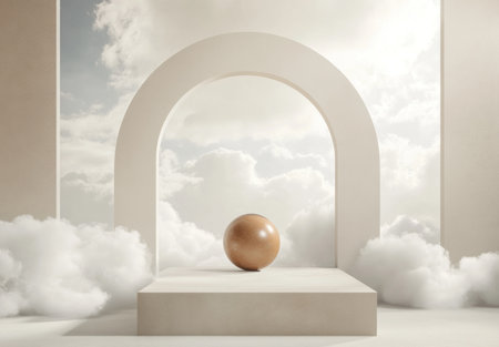 A podium with an arched backdrop, a brown sphere floating on clouds in the foreground, a light beige and sky blue color scheme, a minimalist stage design, a product display platform, a C4D rendering, in shades of light gold and white, in tones of light pink and gray. --ar 22:15 --v 6.1 Job ID: 190b7d10-dc00-4f60-980e-978aeb8627f2の素材