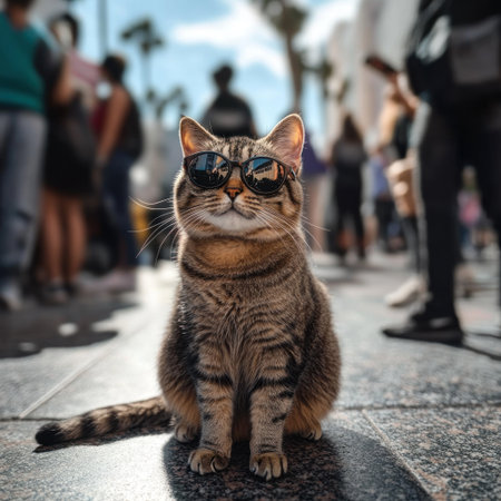 A realistic photograph of an adorable cat wearing sunglasses, sitting on the Hollywood Walk of Fame with people in the background. --v 6.1 Job ID: be05f85b-a430-47e0-8183-919ce64d3311の素材