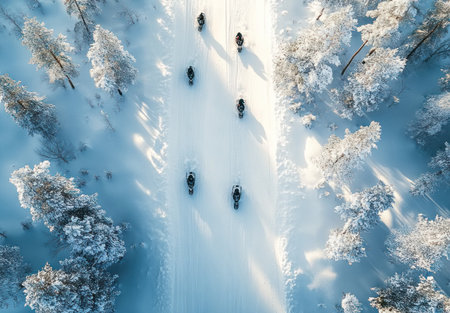 A snowmobile race track in the winter forest of northern Norway, with several people on their sleds riding through it. The ground is covered by fresh white powder, and there's an empty space between them all. In front of us, we see some small trees with snow-covered branches. It's sunny outside, and the sky above is blue. --ar 22:15 --v 6.1 Job ID: d232ccc6-f22e-4d41-aaa4-a5c872426ab8の素材
