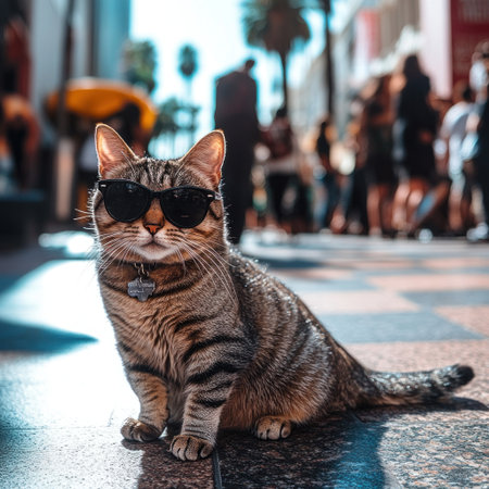 A photo of an adorable cat wearing sunglasses, sitting on the Hollywood Walk of Fame with people in the background, looking directly at the camera, a macro shot, in the style of Canon EOS. --v 6.1 Job ID: 358cd36b-d2da-4e17-a2d6-07cd58698f12の素材