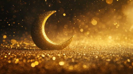 A shiny golden crescent moon on an illuminated background with glitter and bokeh effects, symbolizing the beginning of Ramadan. --chaos 30 --ar 16:9 --v 6.1 Job ID: b2ab36da-6629-420d-98c9-5b68259aa420の素材