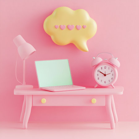 A pink desk with a laptop and an alarm clock on it, a chat bubble above the table containing emoji symbols, a simple background, a 3D rendering style, a cute cartoon design, bright colors, a minimalistic composition, a light pink color scheme, high resolution, high detail, and sharp focus. --v 6.1 Job ID: 068cc6aa-5ab7-42fb-b985-19bb9b2a5080の素材