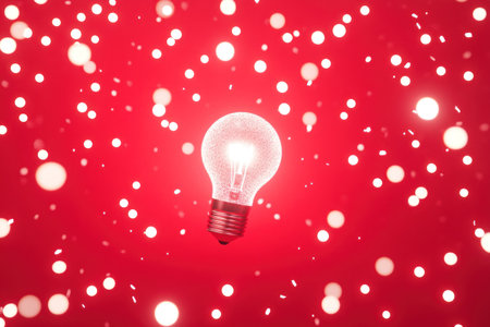 A red background with scattered small light bulbs and one large bulb in the center, symbolizing ideas or innovation. The use of bright white lighting adds depth to the scene. This design is perfect for projects related to creativity, idea generation, business transformation, innovative technology products, advertising, social media content, branding, and web development. 3D rendering illustration. --ar 3:2 --v 6.1 Job ID: e2cc553f-10c8-4948-8b7c-933b7a570c55の素材