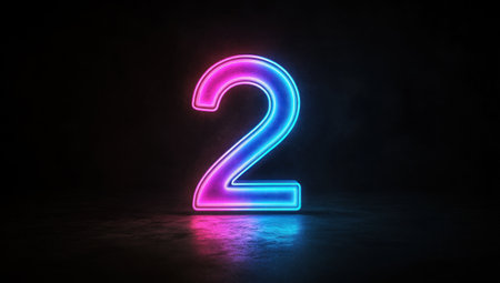 A neon number "2" on a black background, with a holographic, glowing outline of the number two in a blue and pink glow effect. The design is simple and minimalistic, captured in high-resolution photography. --ar 53:30 --v 6.1 Job ID: af06fc12-225b-485f-8bcd-16a8f79e6715の素材