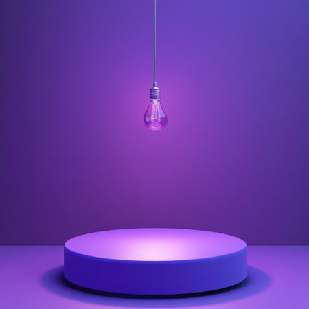 A purple background with a circular podium in the center, a hanging light bulb above it, a flat front view of the product display stand, a minimalist style, and a pink gradient background. The entire scene is rendered using C4D software. It has a 3D rendering effect, with a soft lighting environment. The background wall uses a purple color to highlight the stage showcase space for products. This design gives people an elegant feeling in the style of minimalist art. --v 6.1 Job ID: 1dea32f3-803a-475f-8a42-83391bd83ea8の素材