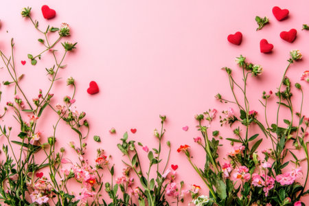A pink background with scattered flowers and hearts, creating an elegant Valentine's Day backdrop. The composition is centered on the right side of the canvas, leaving space for text or design elements in the central area. This flat lay design adds a touch of romance to any project, perfect as a love-themed banner or cover photo. --ar 3:2 --v 6.1 Job ID: d996cbd7-0c3f-41ba-9f52-39232b9e5574の素材