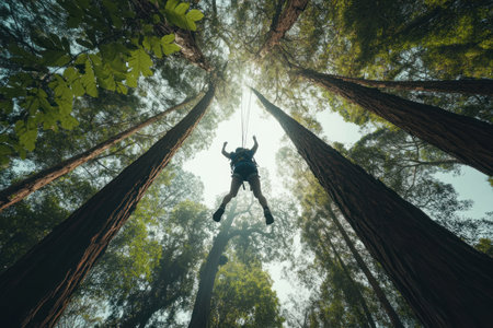 A person is hanging from an aerial beam in the forest, with trees and green leaves behind them. The wooden beams stretch across the sky like long surfaces, adding visual depth to the scene. They wear safety gear such as helmet, shoes, gloves or shorts for protection during adventure activities. This photo was taken using Canon EOS R5 camera. --ar 3:2 --v 6.1 Job ID: c43b7f46-1fc2-4ecc-8a9d-07ffaa986b3eの素材
