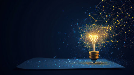 A pencil with an illuminated bulb at the end, writing on paper and symbolizing creativity and innovation in business planning. The background is dark blue to accentuate the light effects. A glowing line of yellow color connects the tip to the body, illuminating the scene. This concept conveys smart thinking or innovative ideas for company development, digital marketing campaign designs, and creative design concepts. High-resolution, high-quality. --chaos 30 --ar 16:9 --v 6.1 Job ID: d77ccf49-2227-4987-bac7-1e30e51cac00の素材