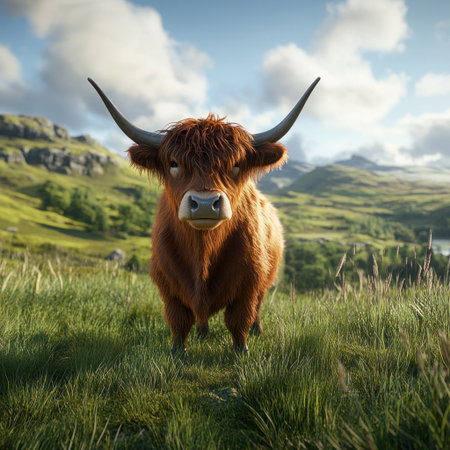 A photorealistic portrait of an old Highland cow in the Scottish countryside, surrounded by lush green meadows and rolling hills. Created using Unreal Engine and ray tracing. --v 6.1 Job ID: d0516916-d2f4-4d57-a032-12ac06dbfd30の素材