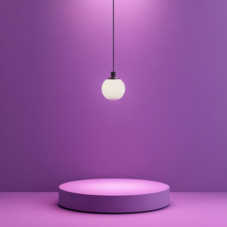 A purple background with a circular podium in the center, a hanging light bulb above it, a flat front view of the product display stand, a minimalist style, and a pink gradient background. The entire scene is rendered using C4D software. It has a 3D rendering effect, with a soft lighting environment. The background wall uses a purple color to highlight the stage showcase space for products. This design gives people an elegant feeling in the style of minimalist art. --v 6.1 Job ID: 1dea32f3-803a-475f-8a42-83391bd83ea8の素材