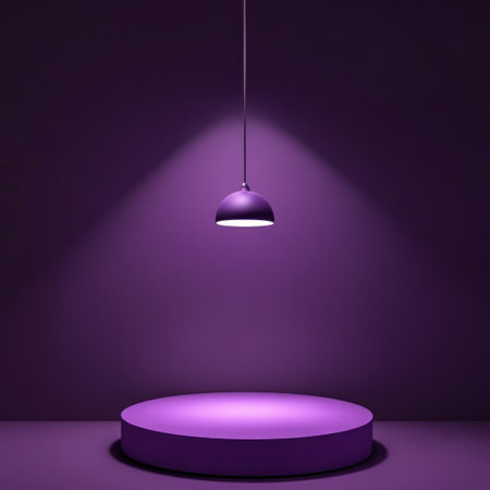A purple background with a podium and hanging light, creating an atmosphere of minimalism. The stage is circular in shape, with a simple design that emphasizes the product display area. A soft spotlight shines on it from above to highlight its texture. There's no text or other elements visible, just a pure color scheme for visual impact, focusing on the face. --v 6.1 Job ID: 70ba513a-180c-4c88-ad85-06ee1f891eb3の素材