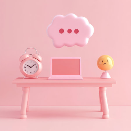 A pink desk with a laptop and an alarm clock on it, a chat bubble above the table containing emoji symbols, a simple background, a 3D rendering style, a cute cartoon design, bright colors, a minimalistic composition, a light pink color scheme, high resolution, high detail, and sharp focus. --v 6.1 Job ID: 068cc6aa-5ab7-42fb-b985-19bb9b2a5080の素材