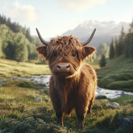 A portrait of a Highland cow in the foreground, with an open glen, forest, and grassy hills in the background. The image has a cinematic quality, created using Octane Render and Unreal Engine. The fur is highly detailed, and the cow has big, expressive eyes. The depth of field creates a pleasing bokeh effect. --v 6.1 Job ID: bd40f0a2-c6db-4912-9f67-e812db68e090の素材