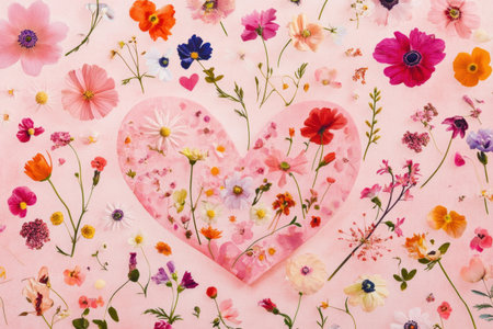 A pink heart-shaped card with various flowers on it, against a pink background, in a flat lay composition, captured with a wide-angle lens. --ar 3:2 --v 6.1 Job ID: 4b835009-d998-41d9-84d0-f7537abab00eの素材