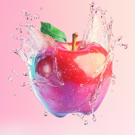 A red apple with a water splash and a pink background, in a colorful style with a vibrant gradient and splash. The bright colors include a red color scheme, with pink, sky blue, and white hues. The apple appears to be splashing in the air, made of a glass-like material or liquid metal, with a green leaf decoration, shown in a front-facing view. --v 6.1 Job ID: c72cebdb-40c8-48dd-b07f-11f88f925aa7の素材