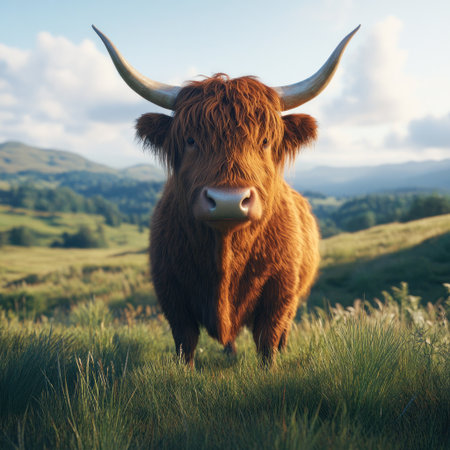 A photorealistic portrait of an old Highland cow in the Scottish countryside, surrounded by lush green meadows and rolling hills. Created using Unreal Engine and ray tracing. --v 6.1 Job ID: d0516916-d2f4-4d57-a032-12ac06dbfd30の素材