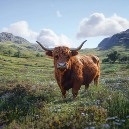 A photorealistic portrait of an old Highland cow in the Scottish countryside, surrounded by lush green meadows and rolling hills. Created using Unreal Engine and ray tracing. --v 6.1 Job ID: d0516916-d2f4-4d57-a032-12ac06dbfd30の素材