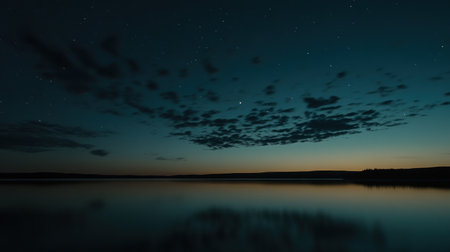 A serene moonlit night with the reflection of stars and clouds on calm waters, creating an atmosphere of tranquility and mystery. The full or new moon adds to its enchanting charm. --chaos 30 --ar 16:9 --v 6.1 Job ID: 13c7c181-80b5-44e9-9381-82909c95a148の素材