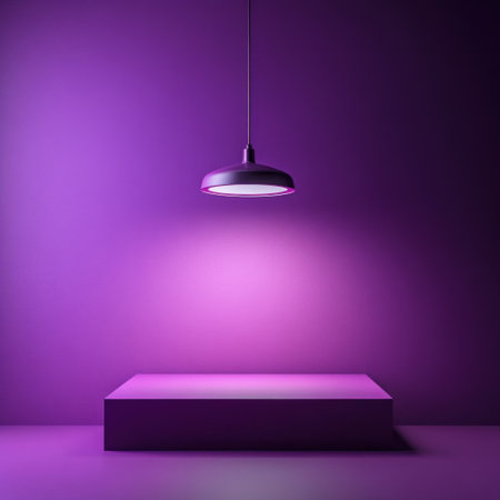 A purple background with a hanging light, a podium, and a flat surface in the center of the frame. The entire scene is pink, creating an atmosphere of freshness and minimalism. There should be no shadows on the wall or floor. In front, there will be a tabletop, on which lies a simple lamp above it. This lamp illuminates the empty space below it. The main color scheme for all elements will be shades of violet and pink. --v 6.1 Job ID: 23f9fb7e-80e3-4dd4-a87b-369dfe77c46cの素材
