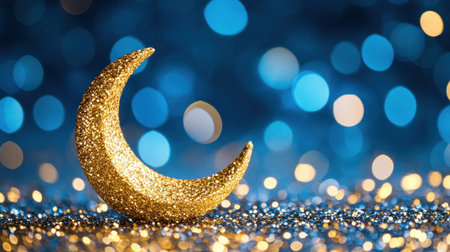 A shiny golden crescent moon on an illuminated background with glitter and bokeh effects, symbolizing the beginning of Ramadan. --chaos 30 --ar 16:9 --v 6.1 Job ID: b2ab36da-6629-420d-98c9-5b68259aa420の素材