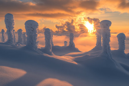 A serene winter landscape in Lapland, Finland, with snow-covered trees and the sun peeking through fluffy clouds, creating a picturesque scene of tranquility. --ar 3:2 --v 6.1 Job ID: 5dd2a1c7-149e-450a-a498-c5a0bbff63f7の素材