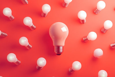 A red background with scattered small light bulbs and one large bulb in the center, symbolizing ideas or innovation. The use of bright white lighting adds depth to the scene. This design is perfect for projects related to creativity, idea generation, business transformation, innovative technology products, advertising, social media content, branding, and web development. 3D rendering illustration. --ar 3:2 --v 6.1 Job ID: e2cc553f-10c8-4948-8b7c-933b7a570c55の素材