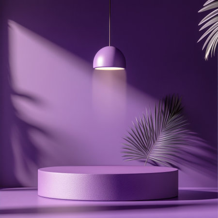 A purple background with a podium and hanging light, creating an atmosphere of minimalism. The stage is circular in shape, with a simple design that emphasizes the product display area. A soft spotlight shines on it from above to highlight its texture. There's no text or other elements visible, just a pure color scheme for visual impact, focusing on the face. --v 6.1 Job ID: 70ba513a-180c-4c88-ad85-06ee1f891eb3の素材