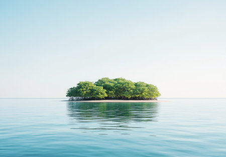 A photograph of an isolated island in the Caribbean, featuring white sandy beaches and clear blue waters with mangrove trees growing on it. The sky is clear against a bright background. --ar 22:15 --v 6.1 Job ID: 42b92380-907c-4081-a1f0-2856db234f59の素材