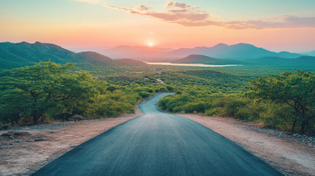 A road leading to the horizon, with a beautiful sunset in background. The sky is painted with hues of pink and orange, creating an enchanting atmosphere. On both sides of the asphalt there's green vegetation that shines under the sunlight. In front on one side you can see mountains and hills while at distance small lagoons and islands appear. A sense of adventure and freedom analog photo --chaos 30 --ar 16:9 --v 6.1 Job ID: eee04667-86ca-456d-8473-ee3eee2719b6の素材