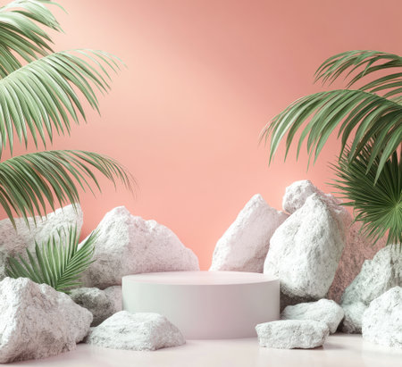 A podium surrounded by rocks and palm leaves in a light pink hue, with an empty space for product display, rendered using Cinema 4D. The background is a solid color of pale coral pink, creating a soft and gentle atmosphere. This scene embodies the aesthetic style of minimalism, featuring a clean composition with a simple design that emphasizes simplicity and elegance. It's perfect as an advertising or promotional backdrop in the style of minimalist design. --ar 11:10 --v 6.1 Job ID: bcab1dfc-0718-414c-b4ba-afb07a62123bの素材