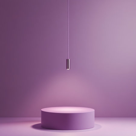 A purple podium with a hanging lamp on top, set against a solid background. The podium is simple and minimalistic in design, creating an elegant atmosphere for product display or presentation use. This scene has soft lighting that highlights the pink color of both the stage and ceiling, adding to its overall beauty. There is no text visible inside the space. --v 6.1 Job ID: 22d75d8c-73a4-42a5-9860-ff02f68be79eの素材