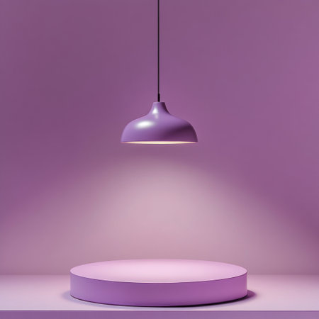 A purple podium with a hanging lamp on top, set against a solid background. The podium is simple and minimalistic in design, creating an elegant atmosphere for product display or presentation use. This scene has soft lighting that highlights the pink color of both the stage and ceiling, adding to its overall beauty. There is no text visible inside the space. --v 6.1 Job ID: 22d75d8c-73a4-42a5-9860-ff02f68be79eの素材