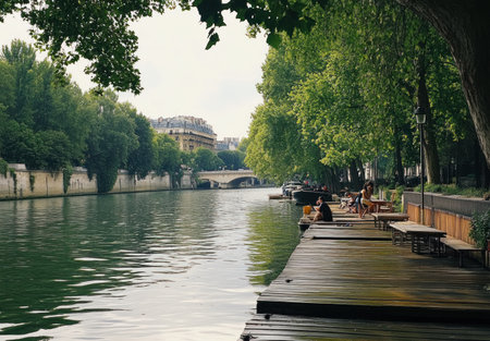 A serene scene of the Seine River in Paris, surrounded by lush greenery and trees, with wooden dock areas for visitors to enjoy the peaceful atmosphere. The water is calm and clear, reflecting the surrounding nature. --ar 22:15 --v 6.1 Job ID: 43e4fd1a-3c7b-4f3e-aa7c-75e7f7a6f7dcの素材
