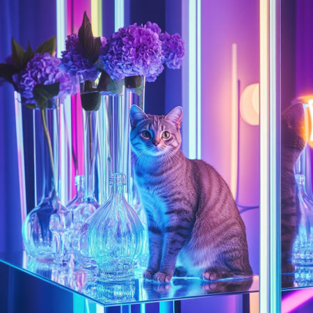 A photograph of an elegant cat sitting on the edge of glass vases, inside a modern and minimalistic room with tall mirrors and neon lights. The walls have purple flowers in a glass vase, and a lamp is shining a bright, light blue color. This photograph was taken in the style of David LaChapelle. --v 6.1 Job ID: 3c0c62f8-e531-497d-b69a-ed0c8e7c792cの素材