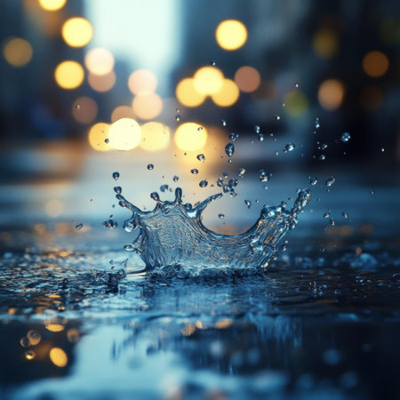 A photorealistic image of water splashing on the ground, a close-up shot with a blurry background featuring city lights in the distance, a shallow depth of field, a blurred foreground, a low-angle shot, high resolution, very detailed, a bokeh effect, natural lighting, a cinematic look, blue and grey colors, macro photography, and a hyper-realistic appearance. --v 6.1 Job ID: 5ee95ae0-4e65-4458-91e3-a14ece87bc96の素材